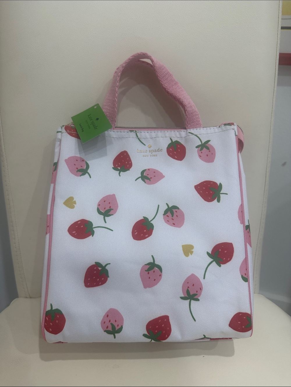 kate spade White Canvas Pink & Red Strawberry Print Insulated Lunch Tote Bag